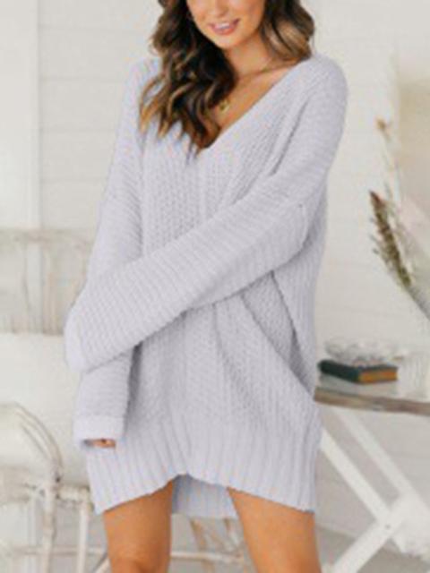 Loose V-neck Mid-length Sweater Dress