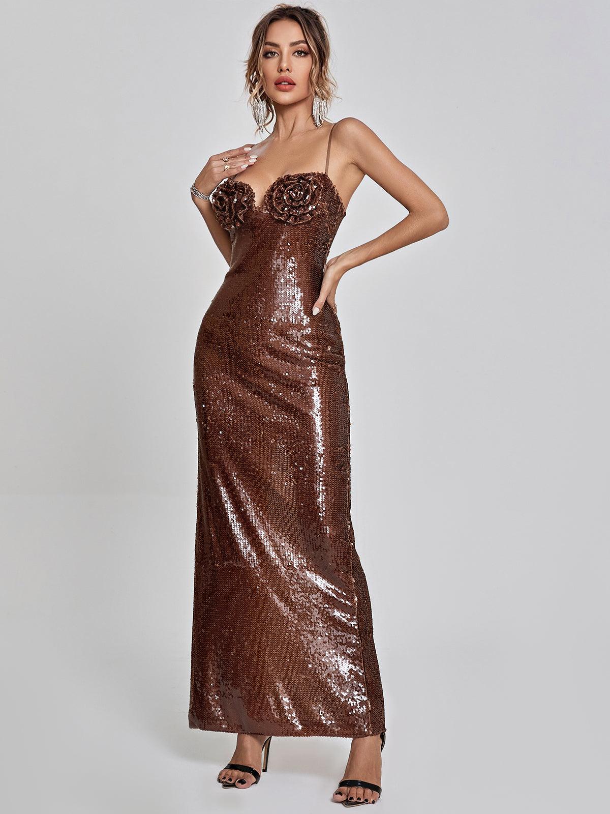 Spaghetti Strap Sweetheart 3D Rosette Sequin Column Maxi Dress 3