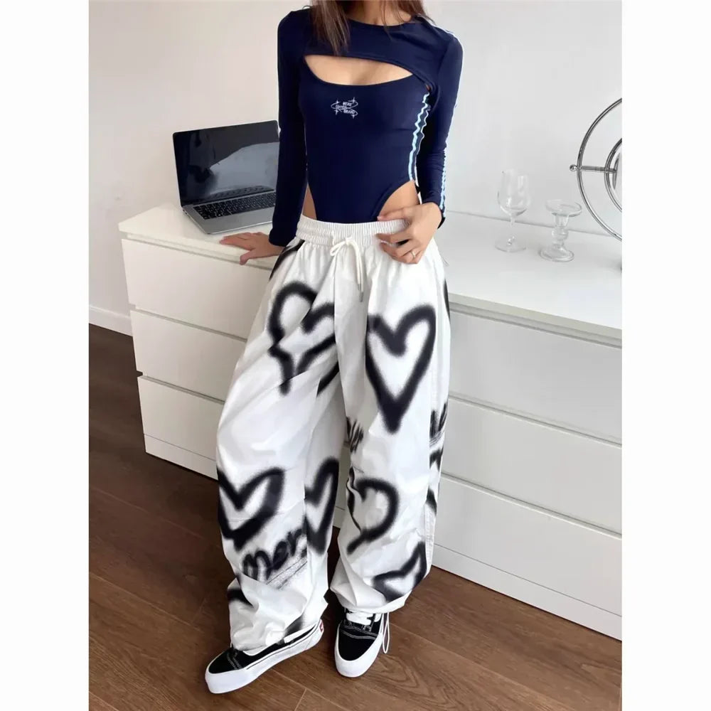 White Graffiti Heart-Print Drawstring Wide-Leg Streetwear Pants