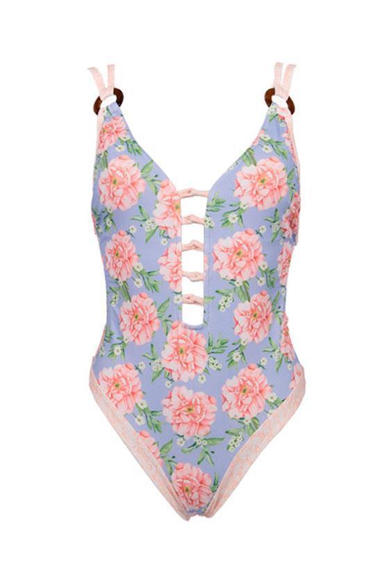 Low Back Flowers Plunged V Neck One Piece Swimsuit