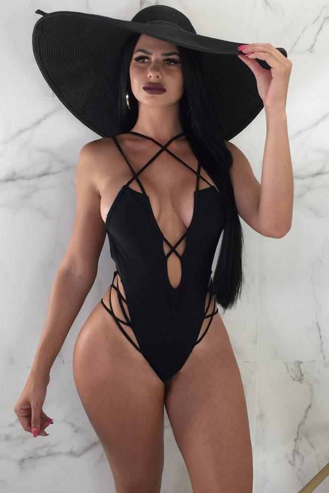 Low Back High Leg Crisscross Strappy Deep V Thong One Piece Swimsuit