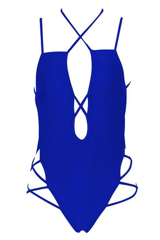 Low Back High Leg Crisscross Strappy Deep V Thong One Piece Swimsuit