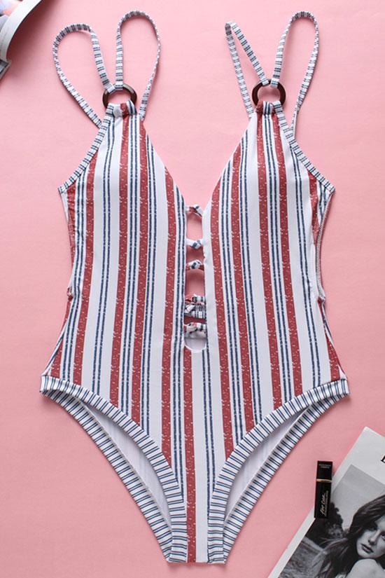 Low Back Vertical Stripe Plunged V Neck One Piece Swimsuit