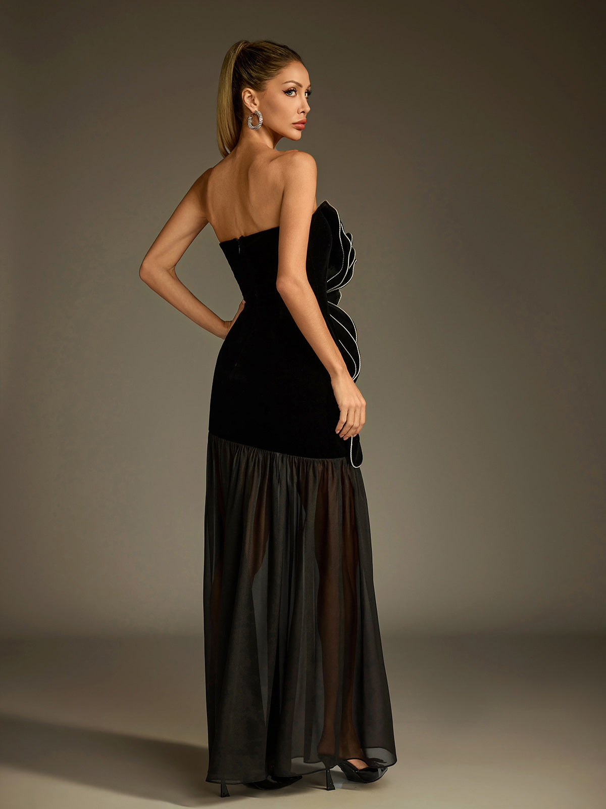 Strapless Velvet 3D Petal Piped Edge Sheer Mesh Maxi Gown 6