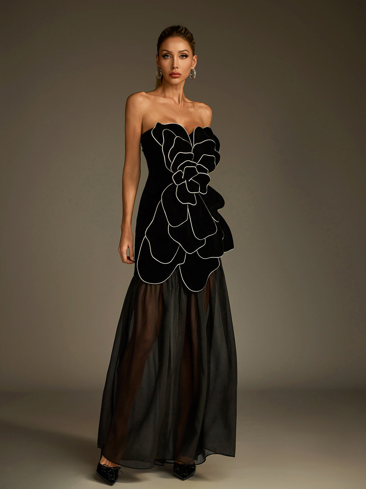 Strapless Velvet 3D Petal Piped Edge Sheer Mesh Maxi Gown 4