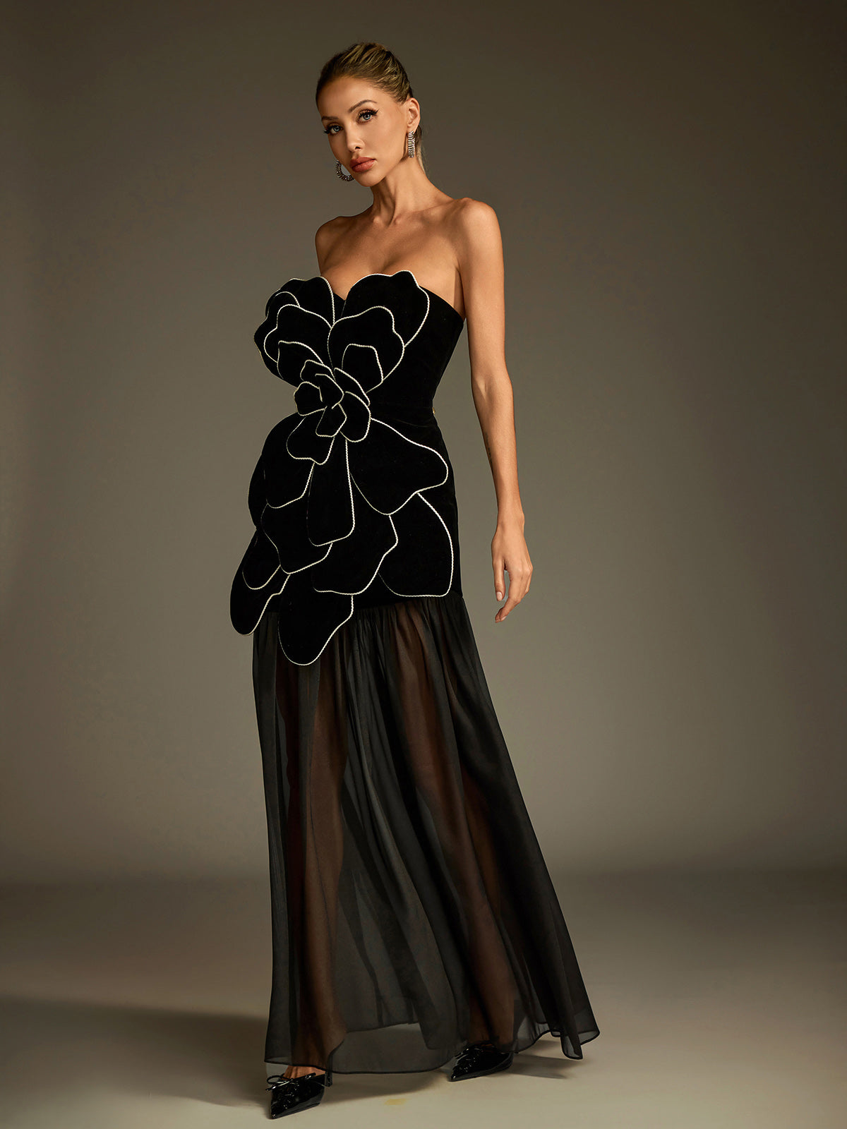 Strapless Velvet 3D Petal Piped Edge Sheer Mesh Maxi Gown 5