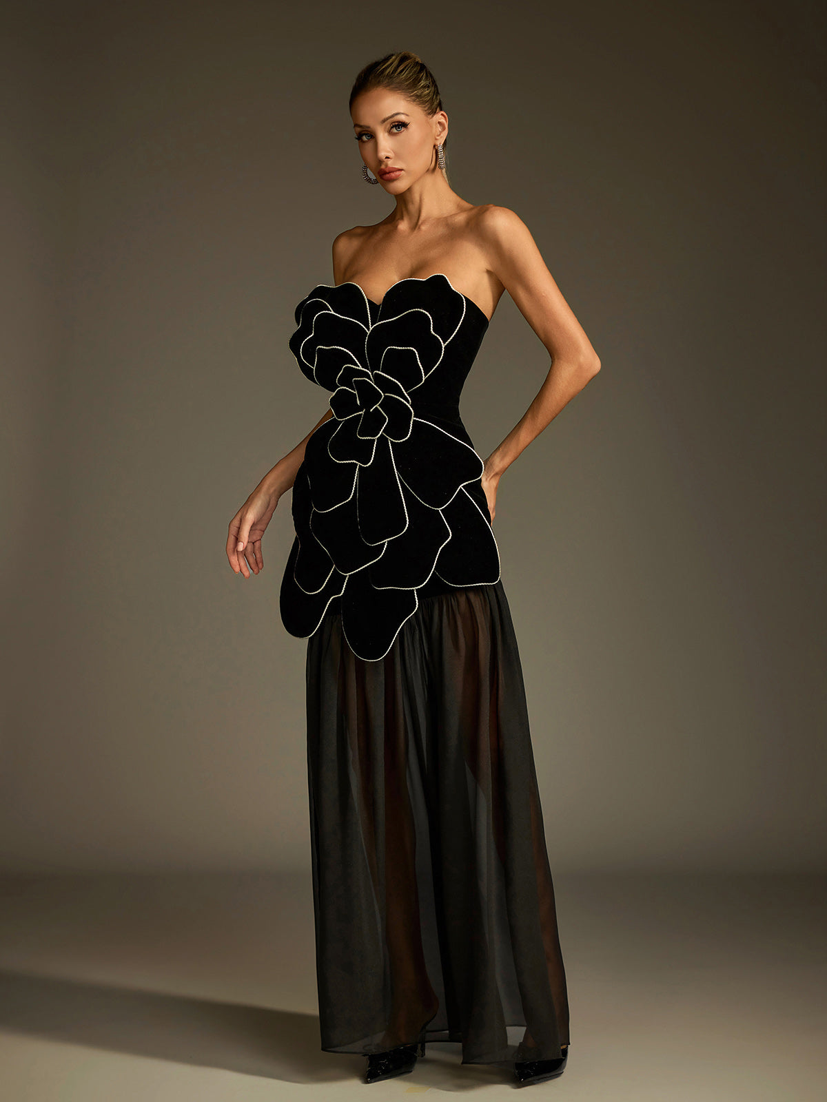 Strapless Velvet 3D Petal Piped Edge Sheer Mesh Maxi Gown 2