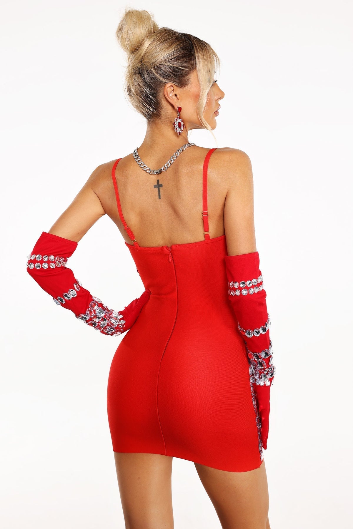 Spaghetti Strap Geometric Rhinestone Opera Glove Mini Dress 6