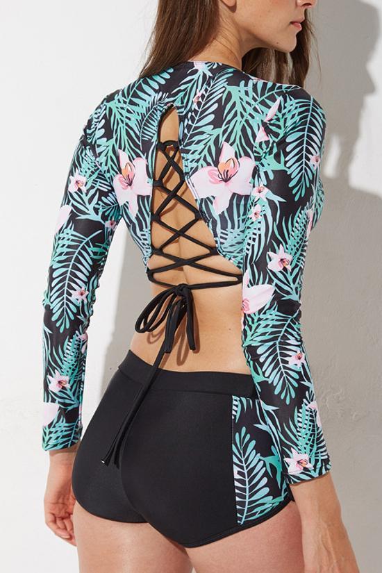 Green Tropical Palm Print Rash Guard Bikini Swimsuit