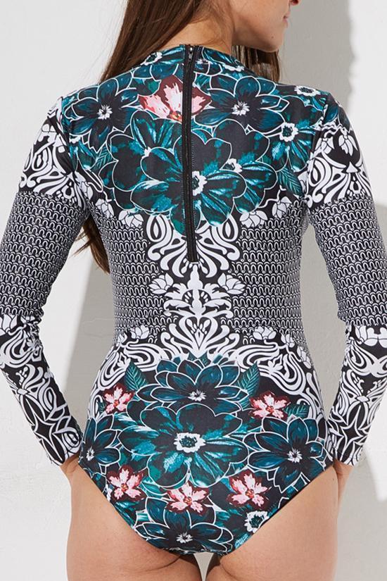 Green Ethnic Floral Rash Guard One Piece Swimsuit