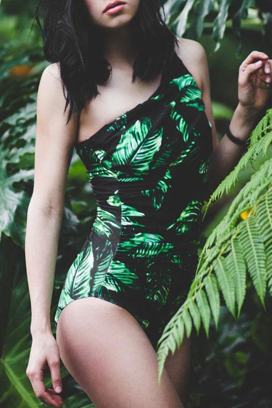 Green Tropical Palm Print One Shoulder One Piece Swimsuit