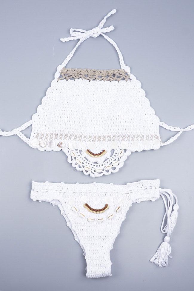 White Bohemian Shell Trim Scalloped Crochet High Neck Bikini Swimsuit