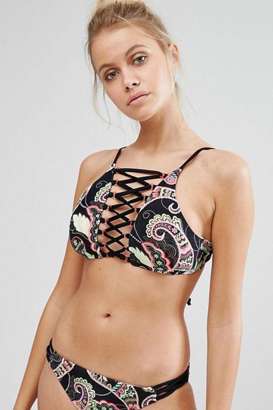 Black Paisley Printed Crisscross Strappy High Neck Bikini Swimsuit