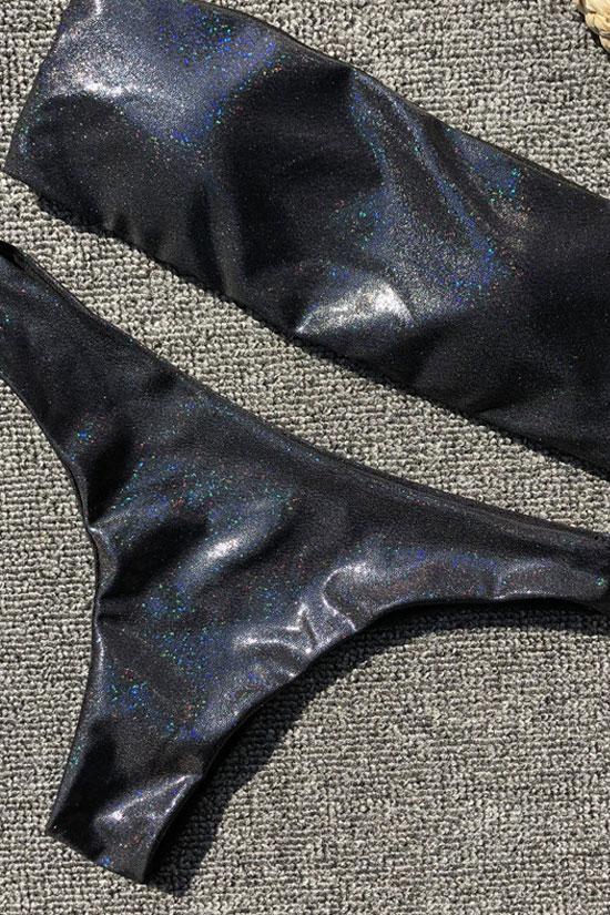 Black Metallic High Cut Bandeau Bikini Swimsuit