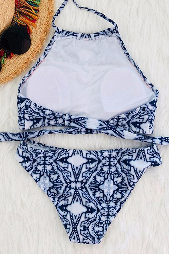 Blue Boho Printed High Neck Bikini Swimsuit