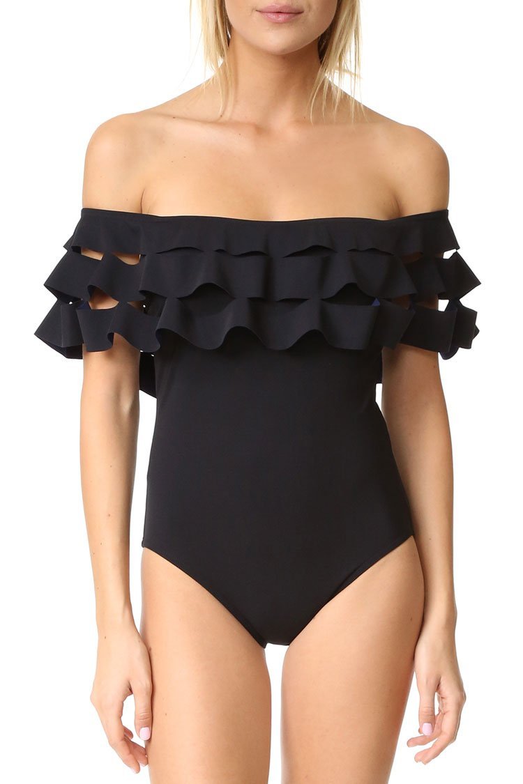 Black Layered Ruffle Off The Shoulder One Piece Swimsuit