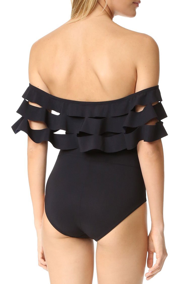 Black Layered Ruffle Off The Shoulder One Piece Swimsuit