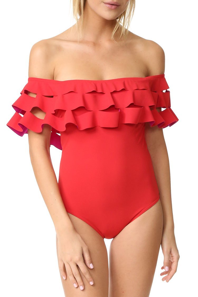 Red Layered Ruffle Off The Shoulder One Piece Swimsuit