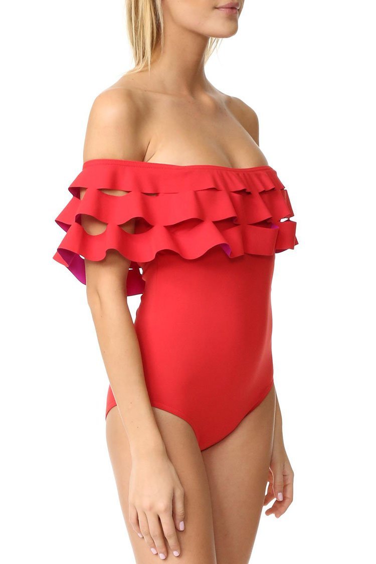 Red Layered Ruffle Off The Shoulder One Piece Swimsuit