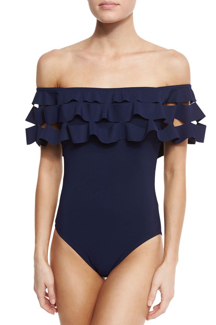 Navy Layered Ruffle Off The Shoulder One Piece Swimsuit