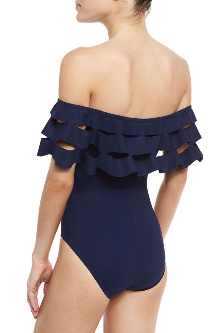 Navy Layered Ruffle Off The Shoulder One Piece Swimsuit