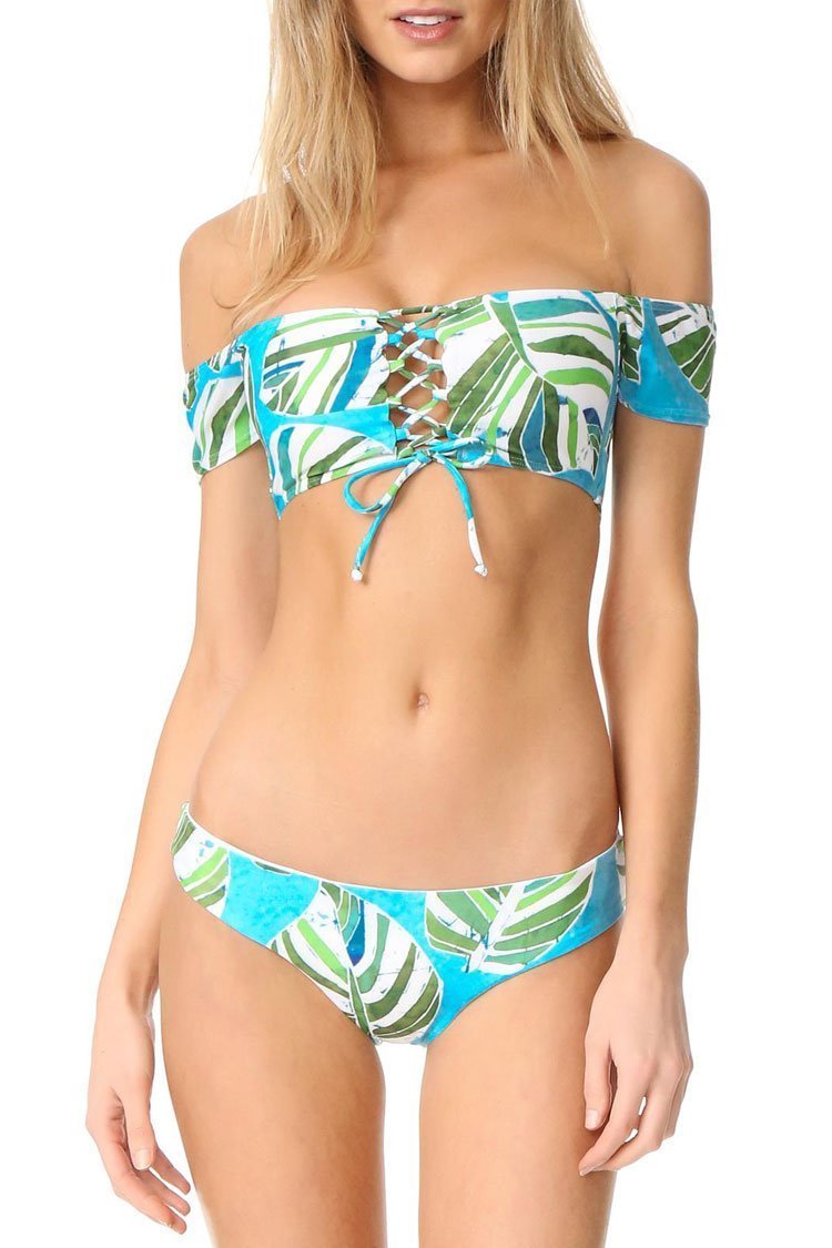 Blue Tropical Palm Leaf Lace Up Off Shoulder Bikini Swimsuit