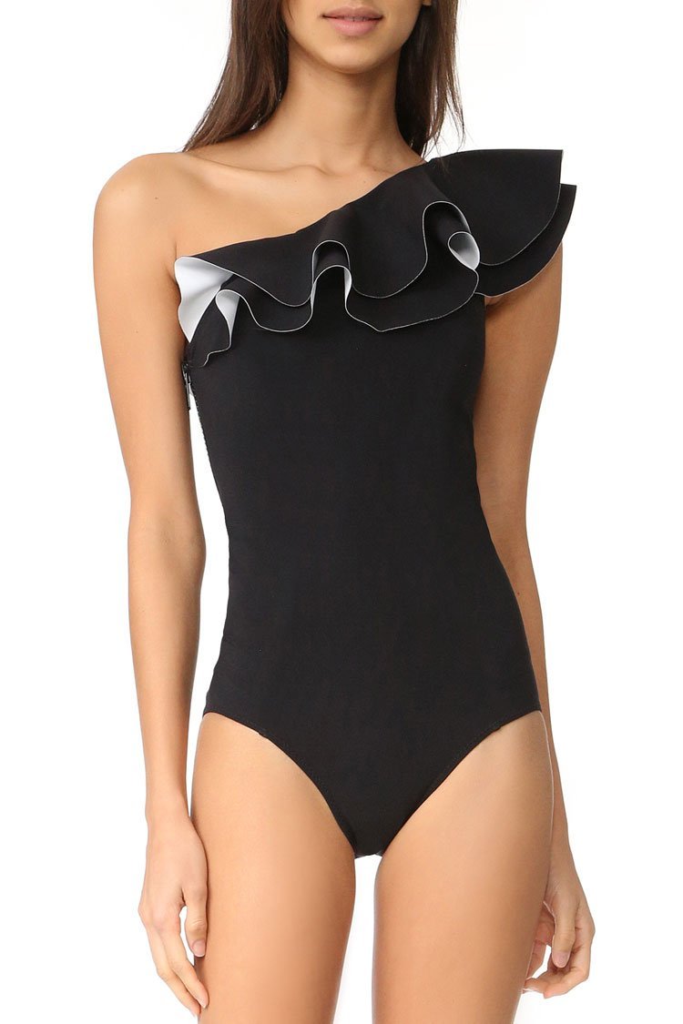 Black Layered Ruffle One Shoulder One Piece Swimsuit