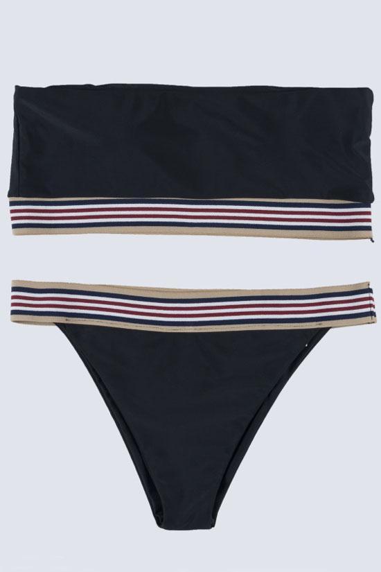 Black Sport Stripe High Cut Bandeau Bikini Swimsuit