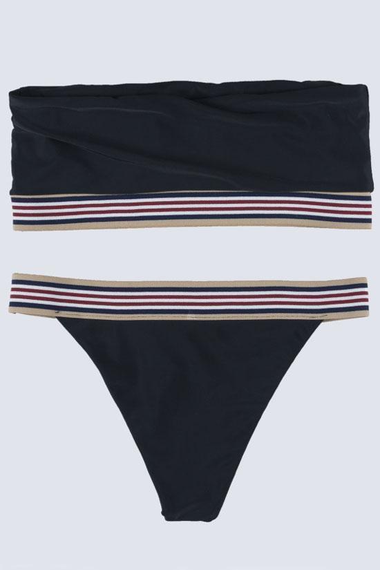 Black Sport Stripe High Cut Bandeau Bikini Swimsuit