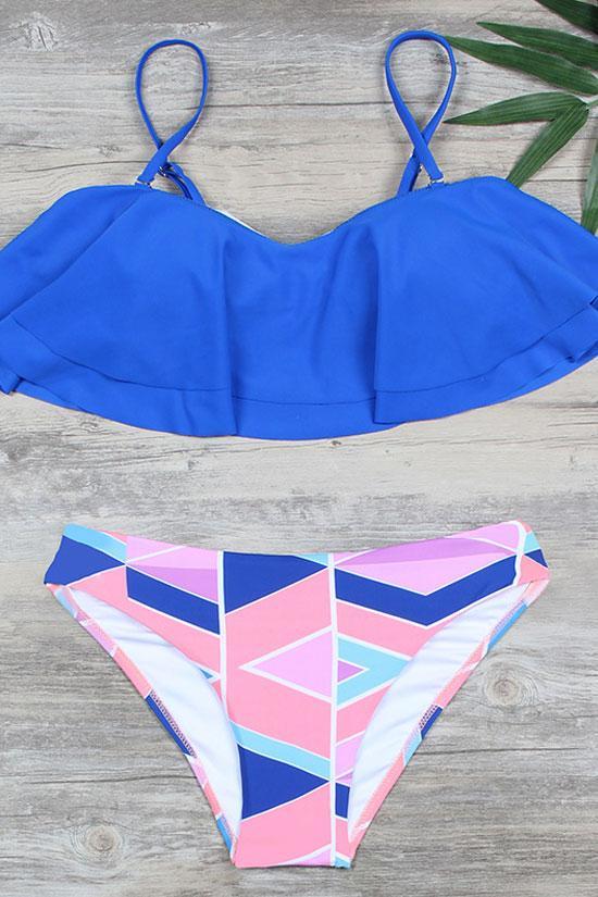 Blue Colorful Geometric Layered Ruffle Bandeau Bikini Swimsuit