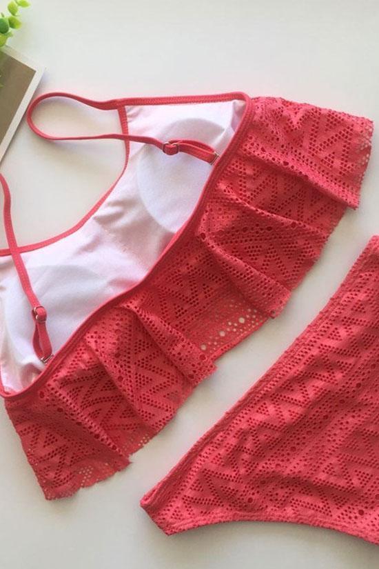 Red Lace Overlay Ruffle Cami Bikini Swimsuit