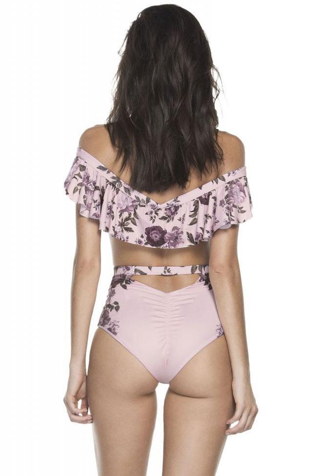 Pink Ruffle Floral Off Shoulder Monokini One Piece Swimsuit