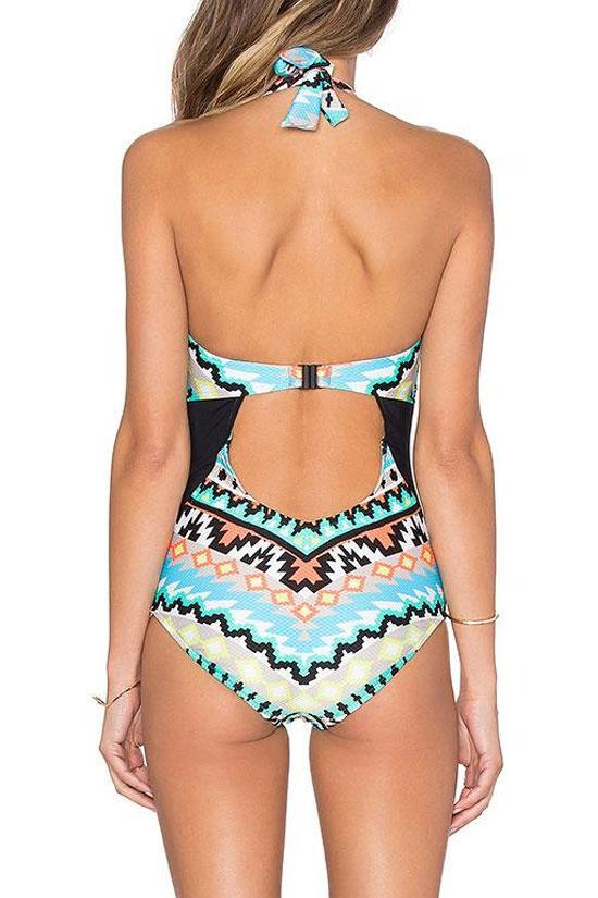 Blue Ethnic Cutout Back High Neck Halter One Piece Swimsuit
