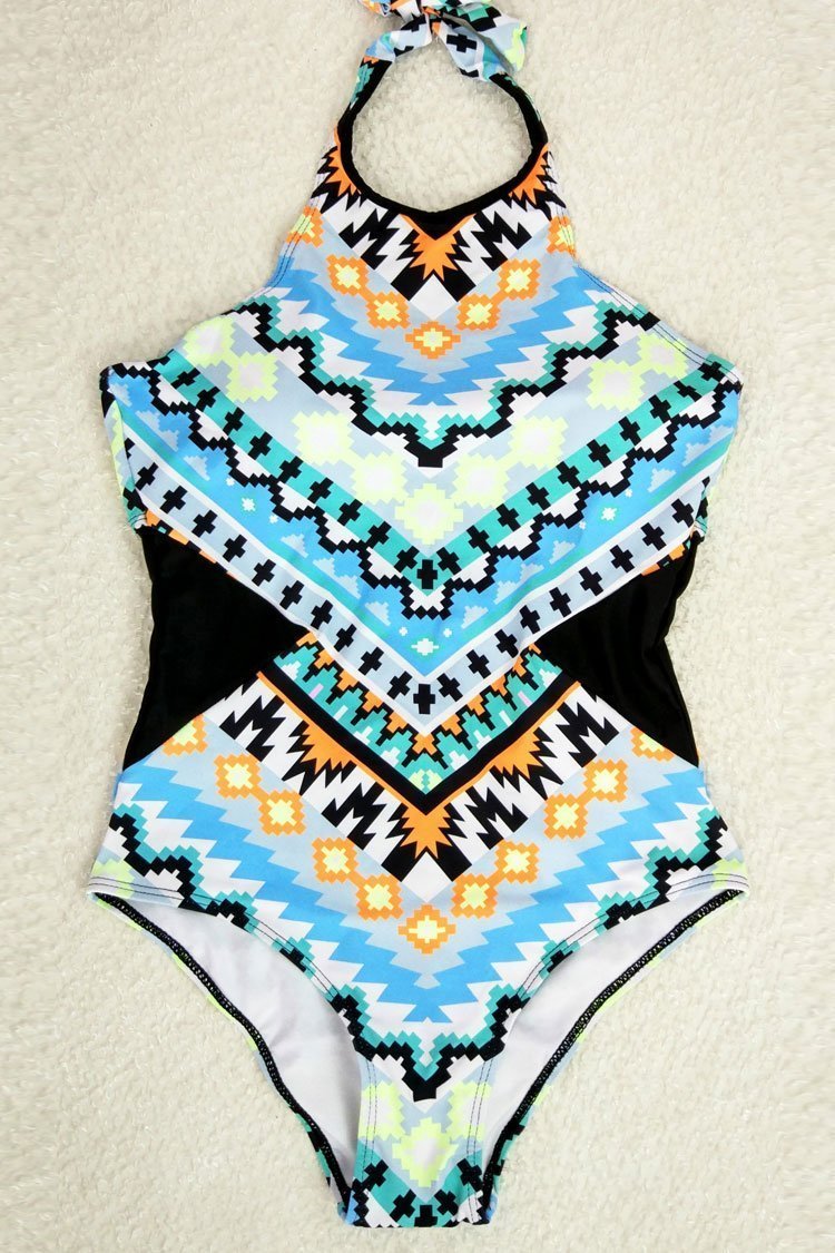 Blue Ethnic Cutout Back High Neck Halter One Piece Swimsuit
