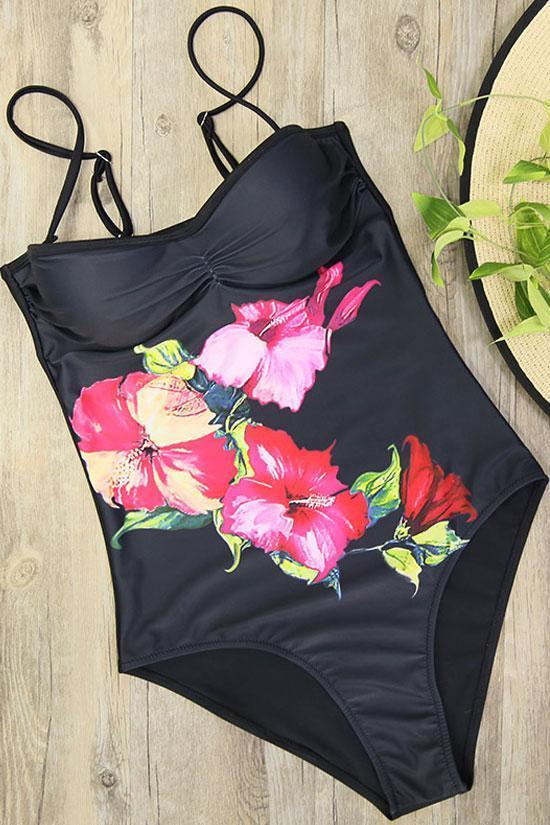 Black Sexy Floral Printed Push Up Bandeau One Piece Swimsuit