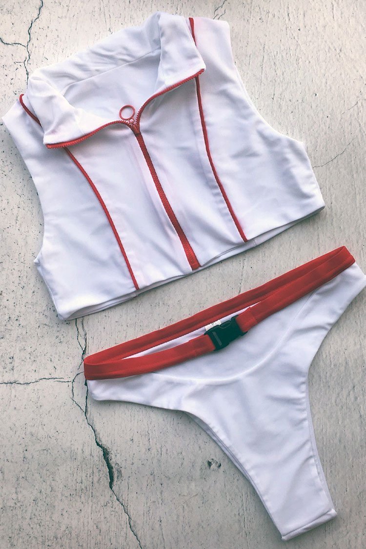 White High Cut Buckle Belt Zipper High Neck Crop Bikini Swimsuit