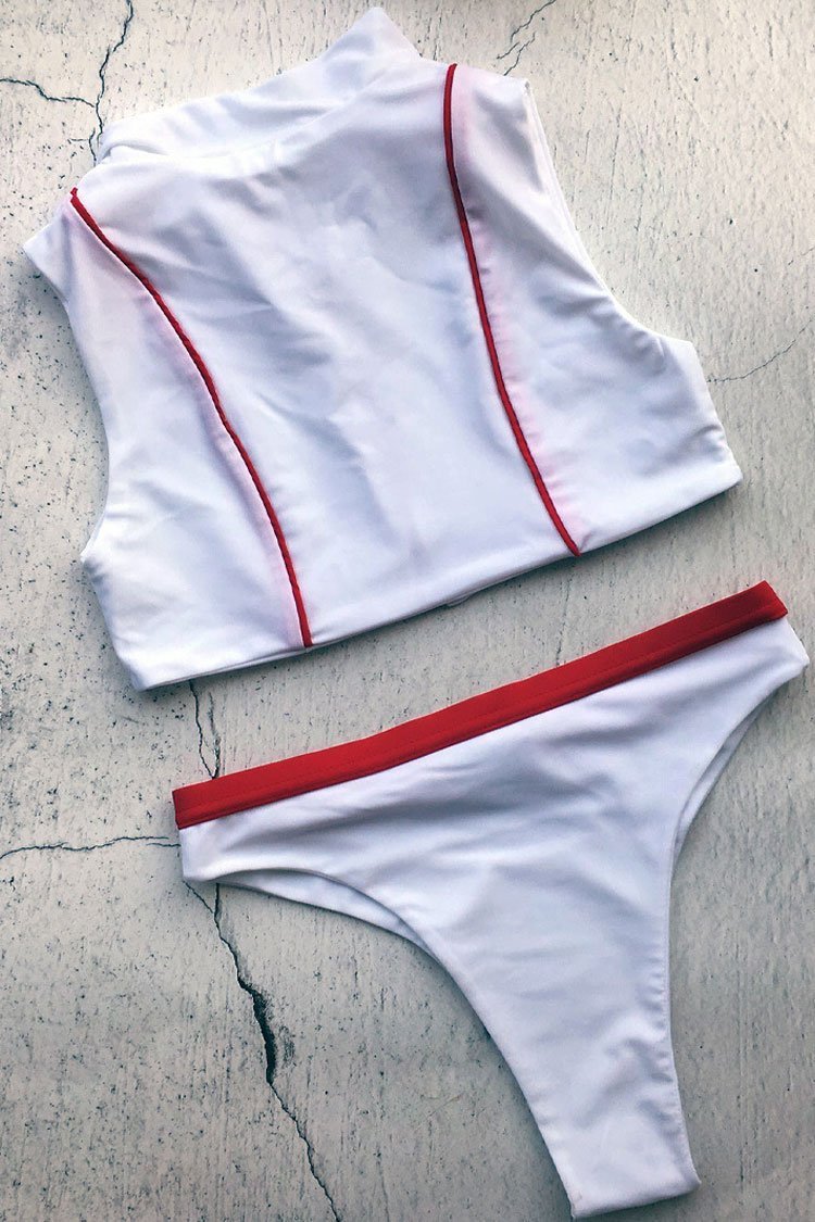 White High Cut Buckle Belt Zipper High Neck Crop Bikini Swimsuit