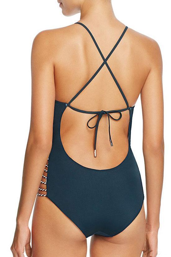 Blue Ethnic Low Back Strappy High Neck One Piece Swimsuit