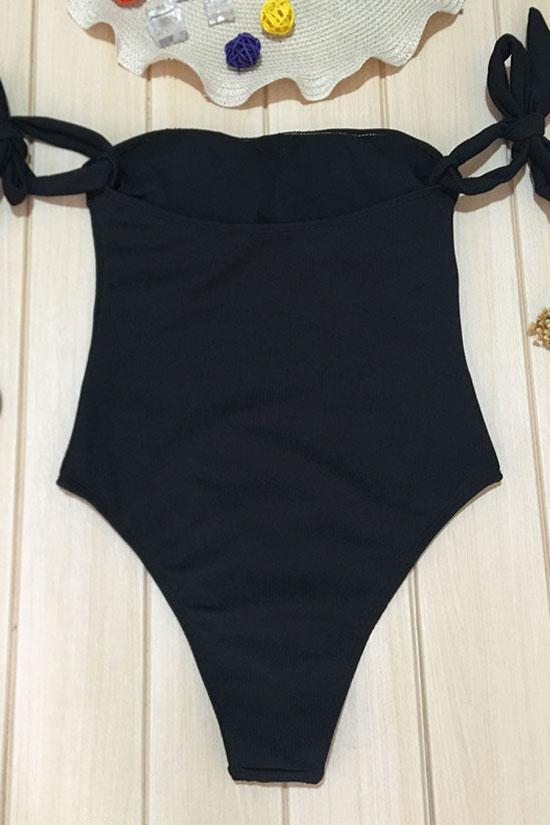 Black Ribbed High Cut Off Shoulder Tie One Piece Swimsuit