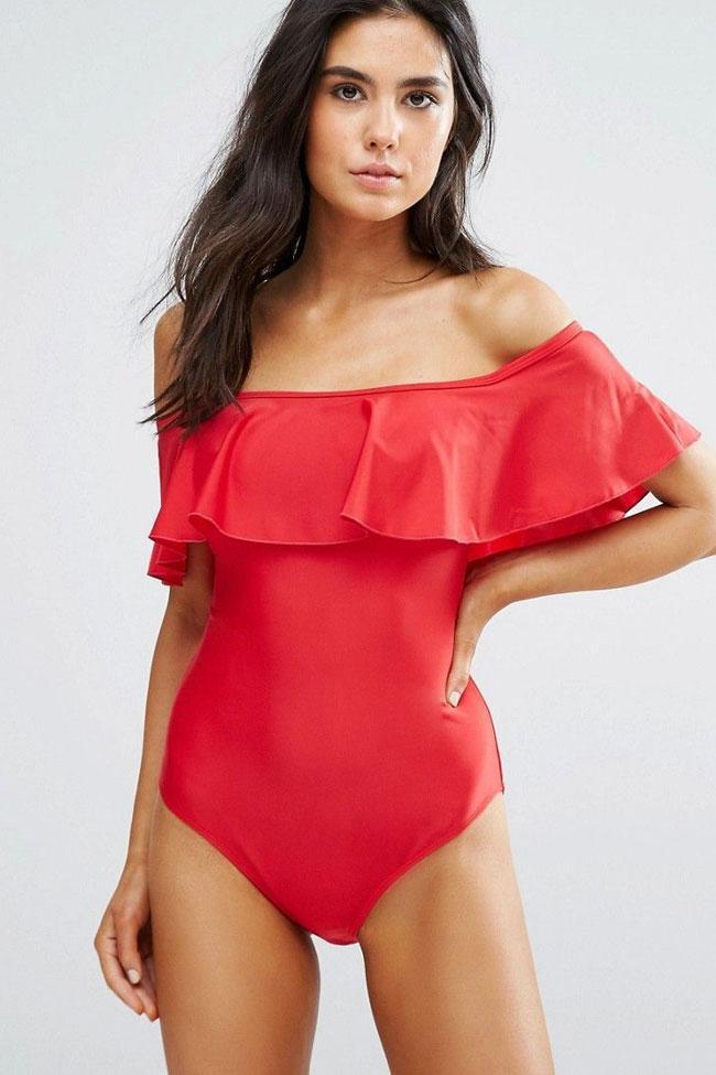 Red Solid Ruffle Off The Shoulder One Piece Swimsuit