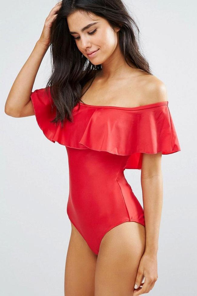 Red Solid Ruffle Off The Shoulder One Piece Swimsuit