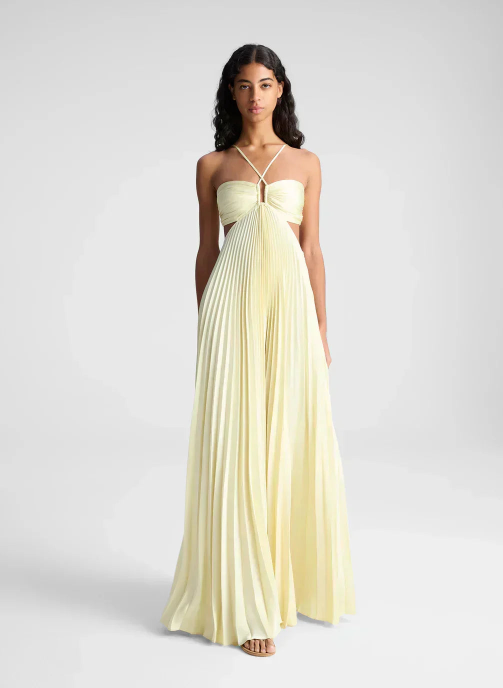 Halter Crisscross Strap Waist Cutout Accordion Pleat Maxi Dress