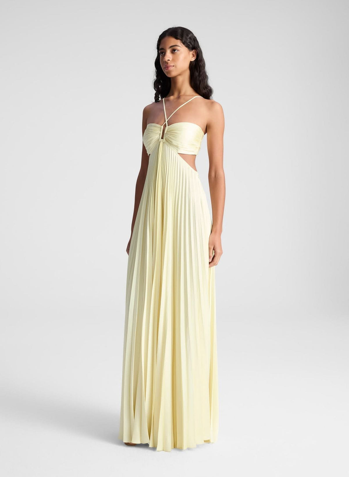 Halter Criss Cross Cutout Waist Sunray Pleat Maxi Dress