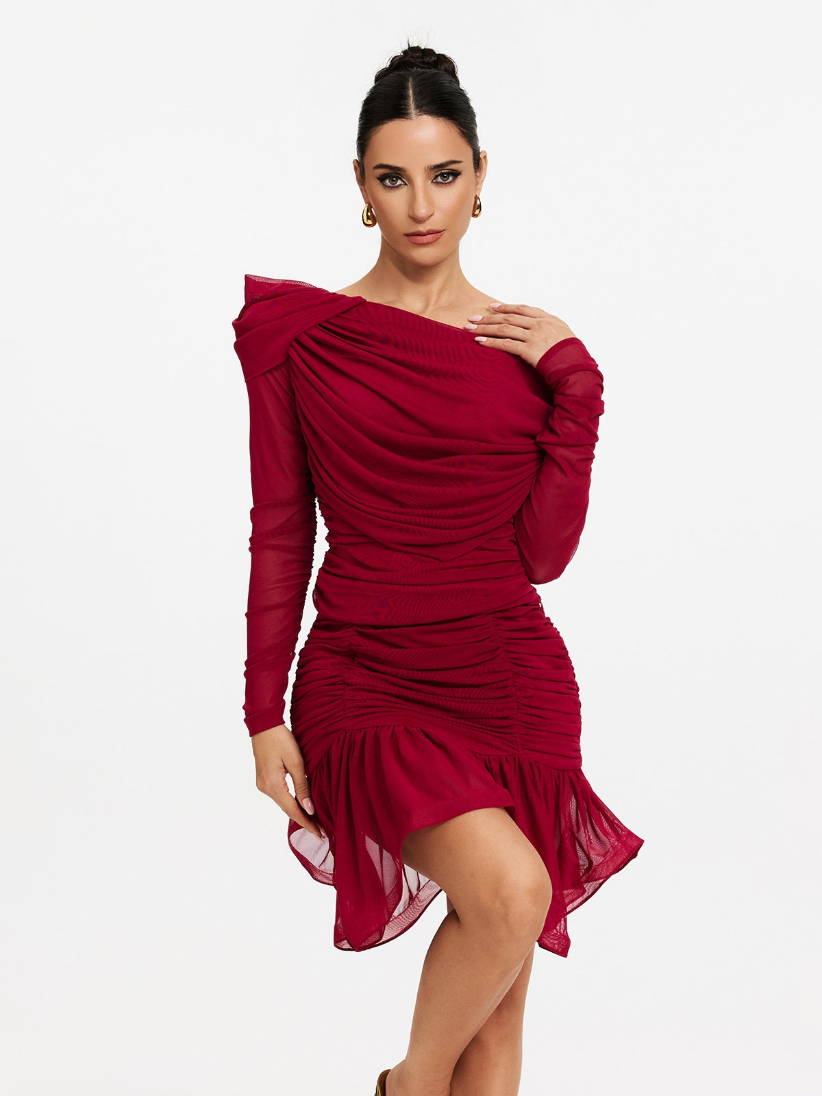 One Shoulder Ruched Mesh Tiered Ruffle Hem Mini Dress