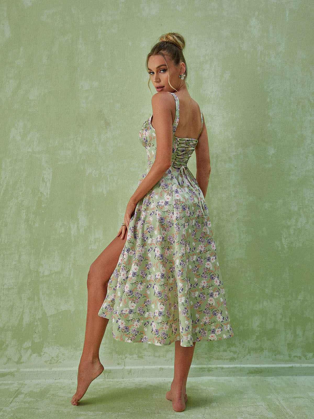 Square Neck Corset Floral Print Keyhole Slit Midi Dress 5