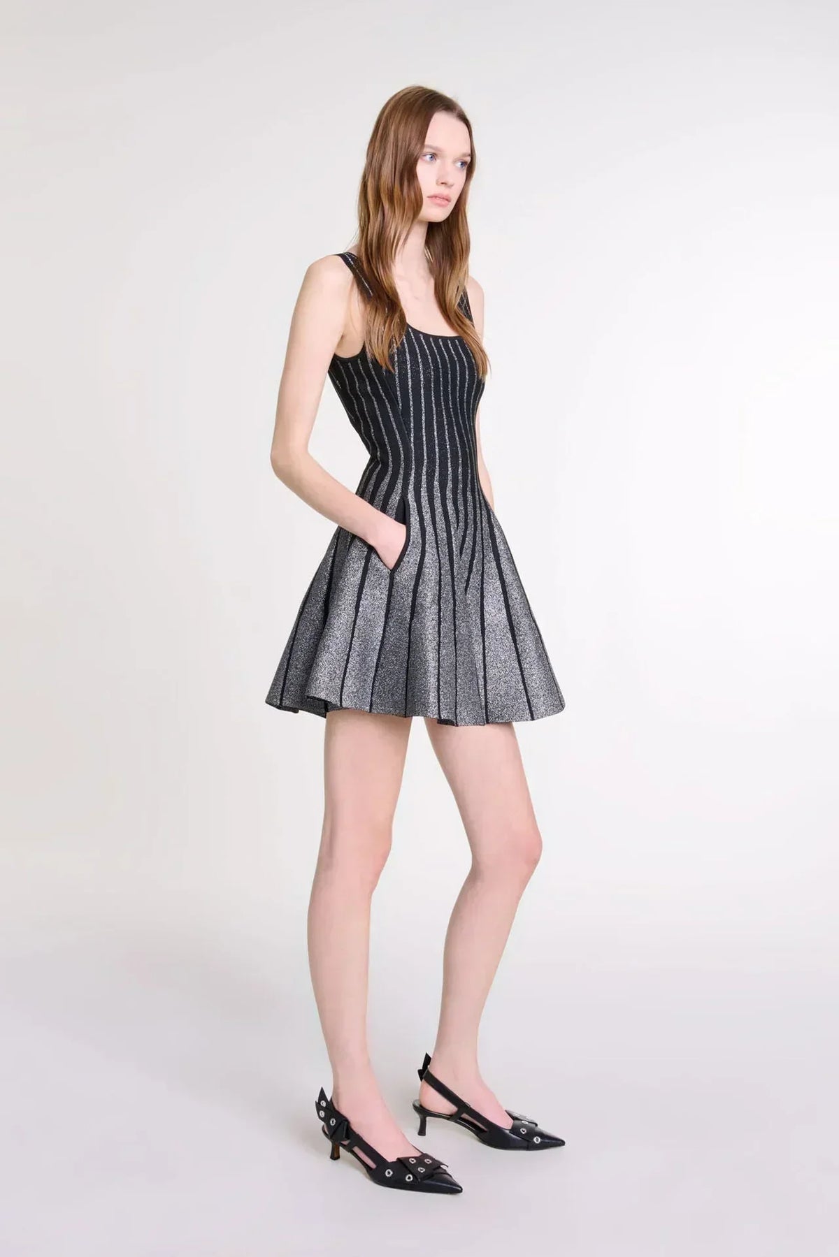 Metallic Striped Knit Square Neck Fit Flare Mini Dress 2