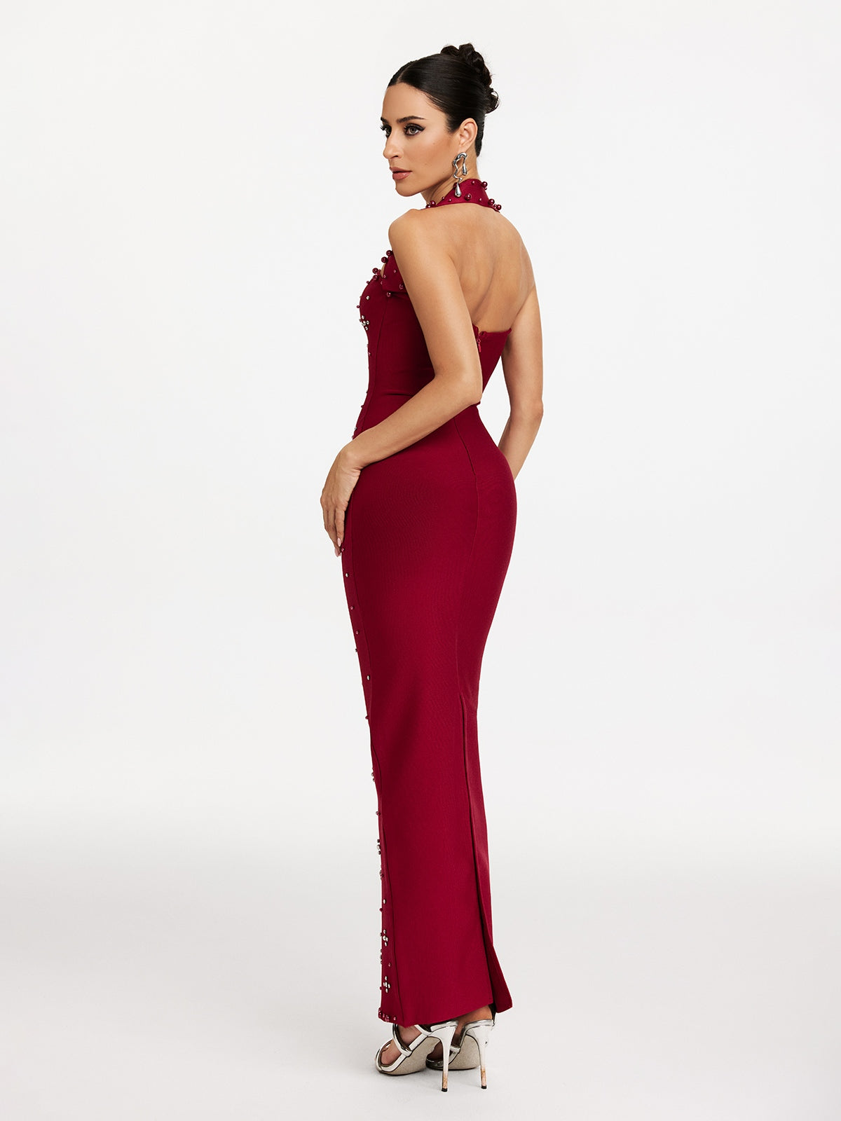 Halter Neck Pearl Stud Rhinestone Cluster Bandage Column Maxi Dress 6