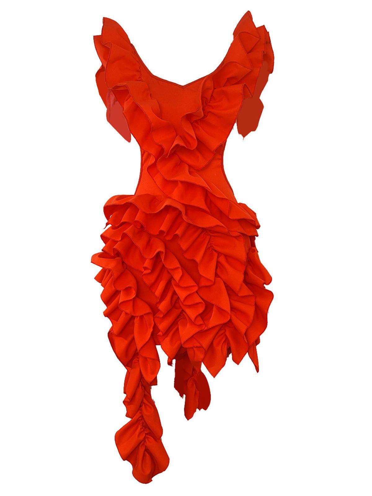 Sleeveless V Neck Cutout Waist Cascading Ruffle Tier Asymmetric Mini Dress 7