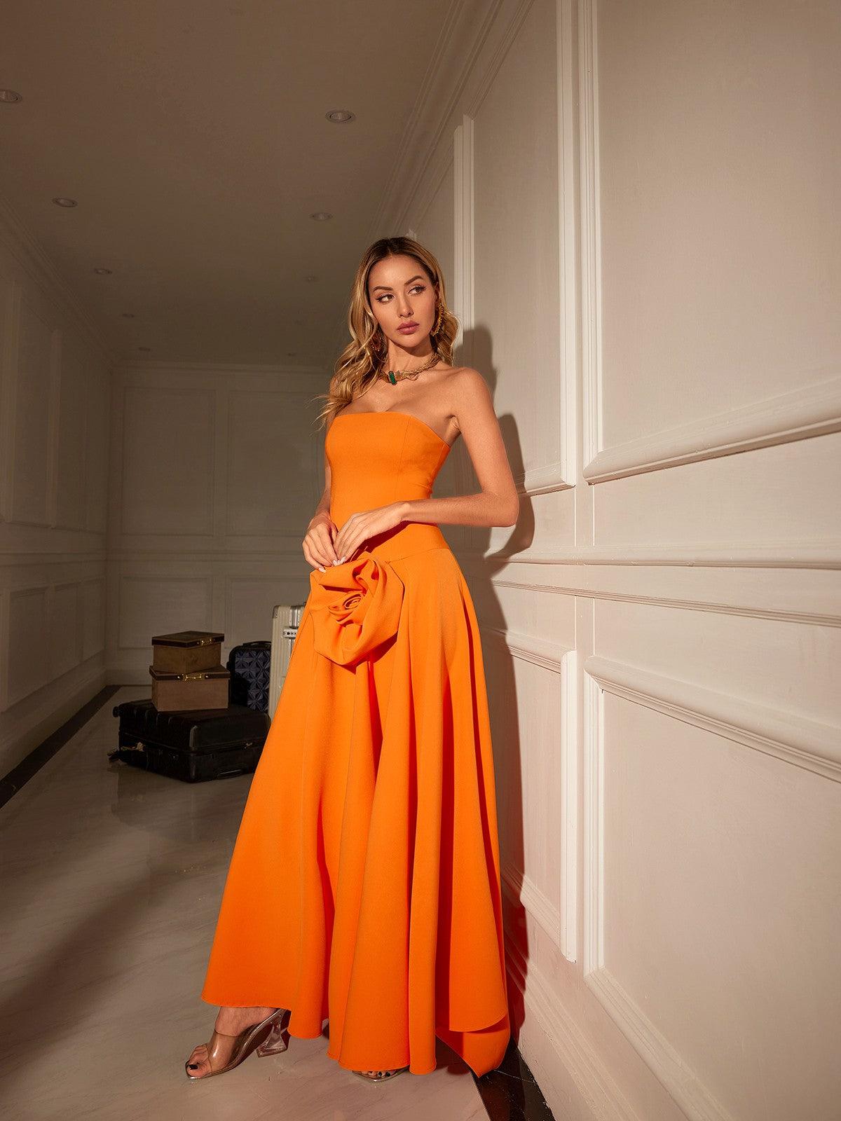 Strapless 3D Floral Accent Floor Length Maxi Gown 3