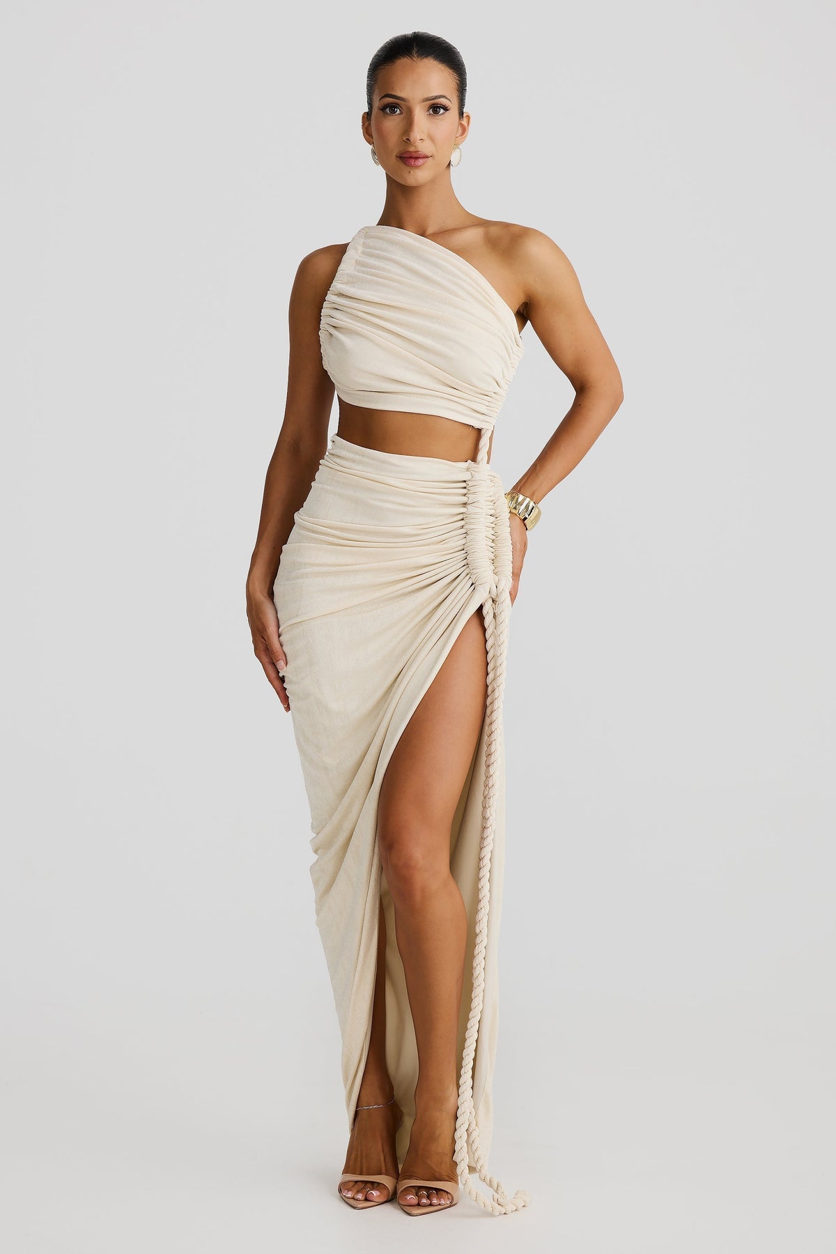 One Shoulder Ruched Crop Top Rope Detail High Slit Maxi Skirt Set 3